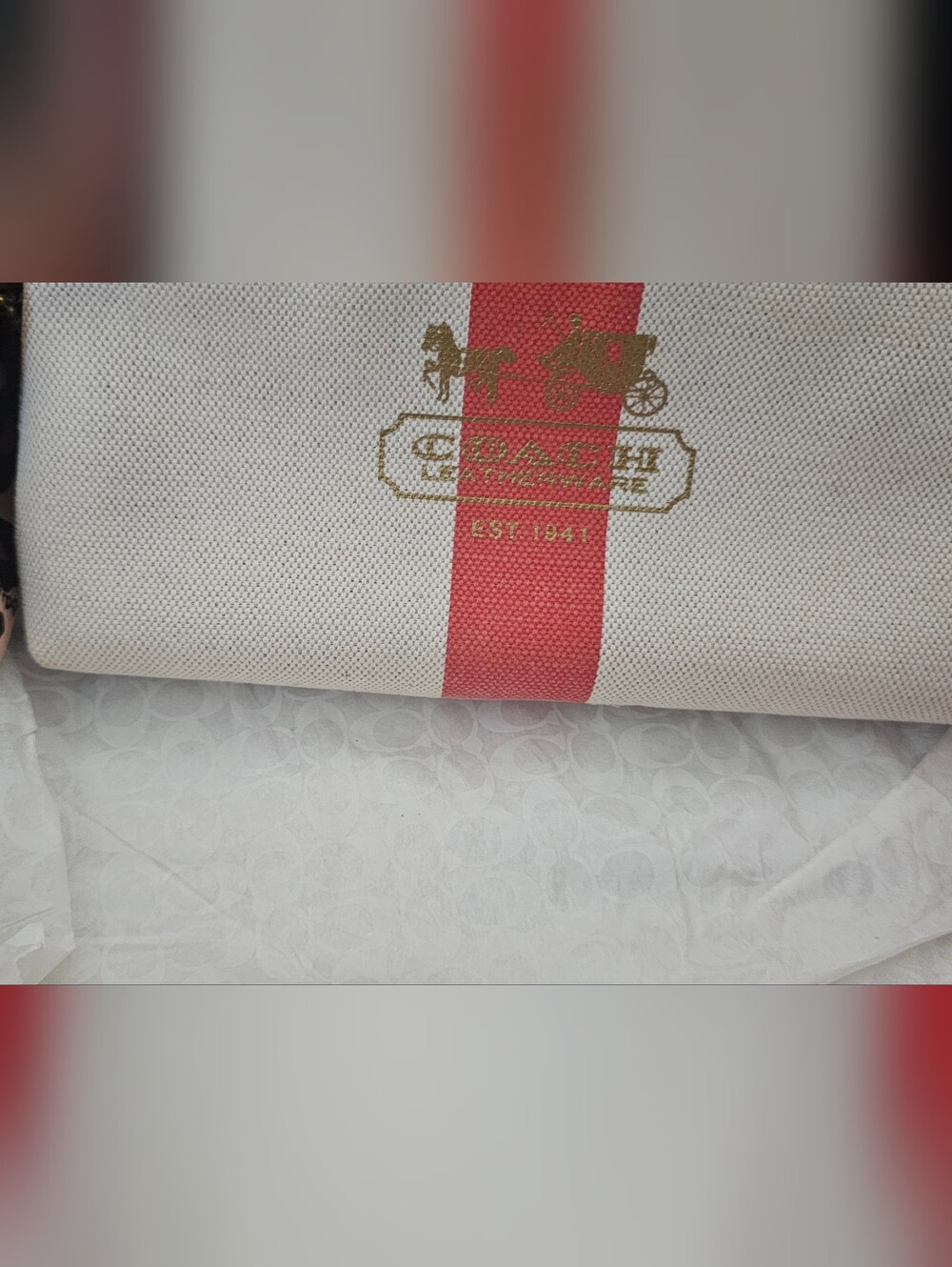 NIB Coach Cream and Red Linen and Leather Wristlet with Heritage Stripe Full Inc - Picture 10 of 15